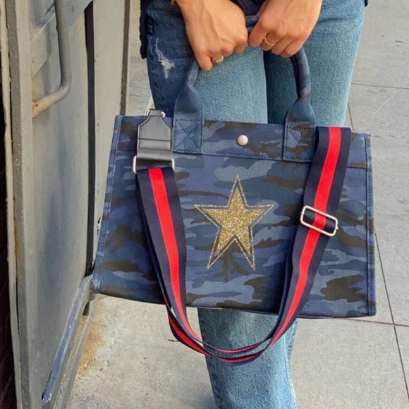 Quilted Koala Handbags - QUILTED KOALA MIDI EAST WEST BAG: DARK BLUE CAMOUFLAGE W/GOLD STAR NWT